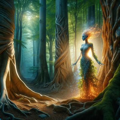 The primary subject of the image is a woman, who appears to be a mermaid or a fairy, standing in a forest. The setting is a lush, green forest with trees and plants surrounding her. The visual style of the image is digital art, as it is a detailed and intricate illustration. The colors and mood of the image are vibrant and magical, with the woman's glowing appearance adding to the overall atmosphere.